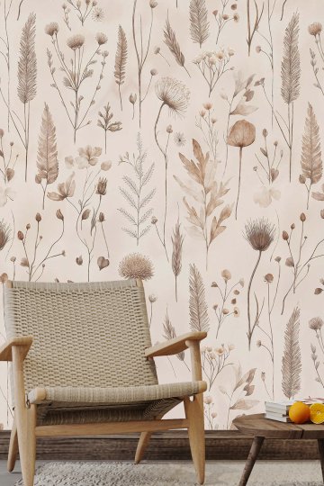 Dreamwall Toprak Tonlarında Kurutulmuş Otlar, Başaklar ve Kır Çiçekleri Motifli Tek Parça Tekstil Duvar Kağıdı  küçük görsel 2