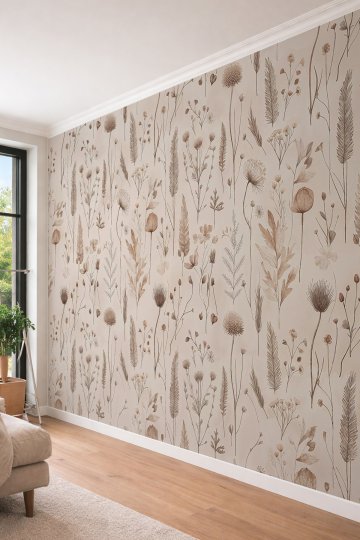 Dreamwall Toprak Tonlarında Kurutulmuş Otlar, Başaklar ve Kır Çiçekleri Motifli Tek Parça Tekstil Duvar Kağıdı  küçük görsel 4