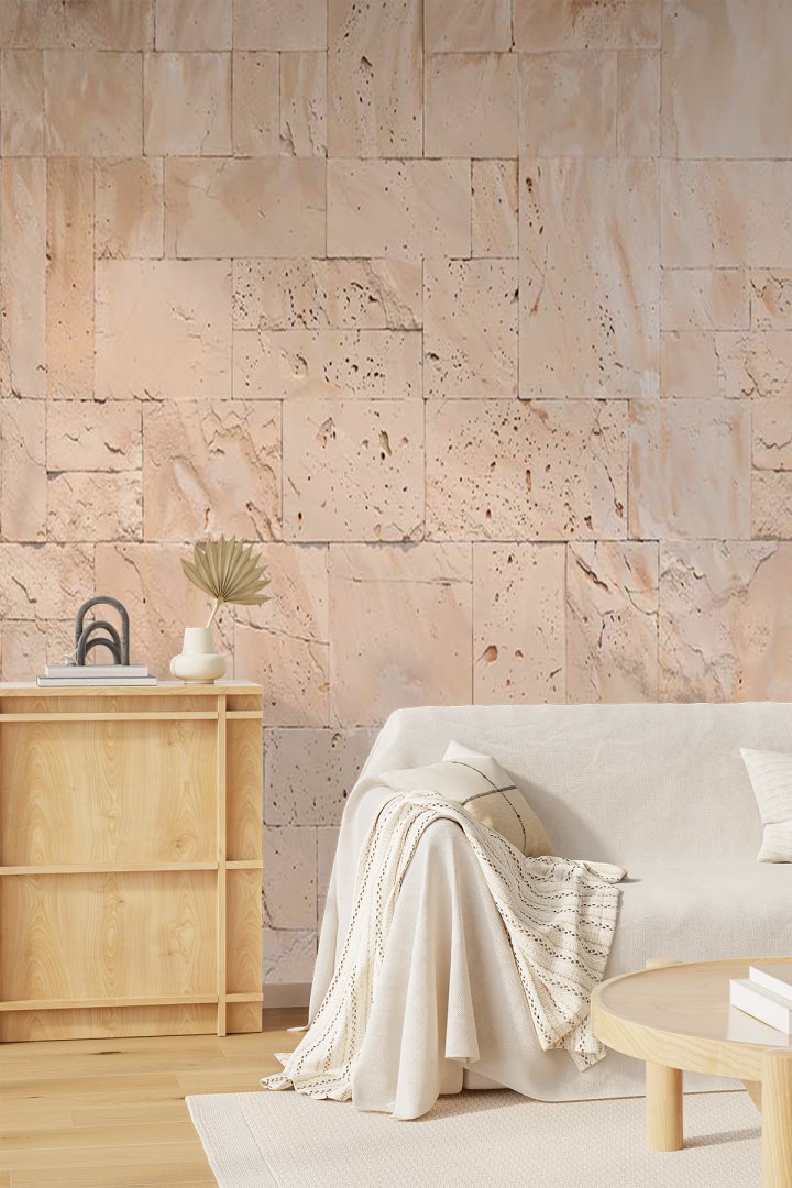 Dreamwall Traverten Taş Blokları Dokulu, Doğal Görünümlü Lüks Tek Parça Tekstil Duvar Kağıdı 