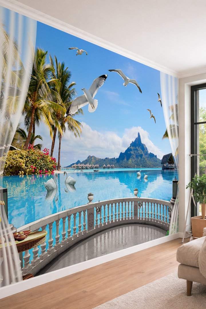 Dreamwall Tropikal Ada ve Deniz Manzaralı Balkon Perspektifli Tek Parça Tekstil Duvar Kağıdı