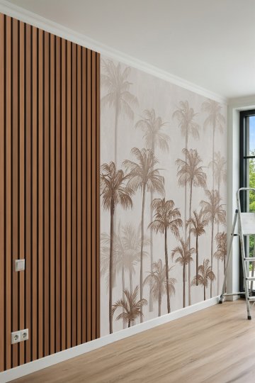 Dreamwall Tropikal Ağaç ve Ahşap Panel Desenli Tek Parça Tekstil Duvar Kağıdı
