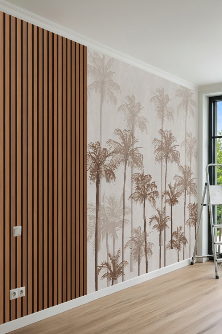 Dreamwall Tropikal Ağaç ve Ahşap Panel Desenli Tek Parça Tekstil Duvar Kağıdı