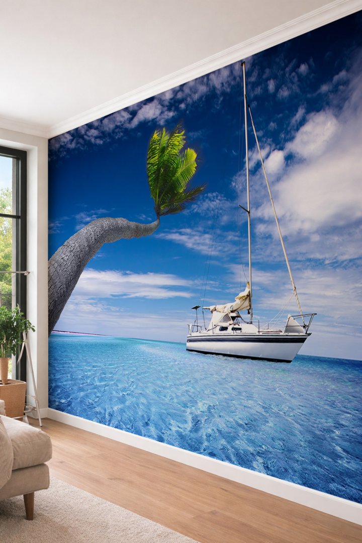Dreamwall Tropikal Deniz ve Yelkenli Manzaralı Tek Parça Tekstil Duvar Kağıdı