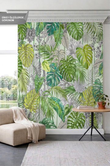 Dreamwall Tropikal Monstera, Palmiye Yaprakları ve Çizgisel Çiçek Motifli Tek Parça Tekstil Duvar Ka...