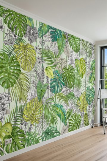 Dreamwall Tropikal Monstera, Palmiye Yaprakları ve Çizgisel Çiçek Motifli Tek Parça Tekstil Duvar Kağıdı küçük görsel 2