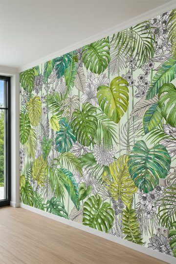 Dreamwall Tropikal Monstera, Palmiye Yaprakları ve Çizgisel Çiçek Motifli Tek Parça Tekstil Duvar Kağıdı küçük görsel 3