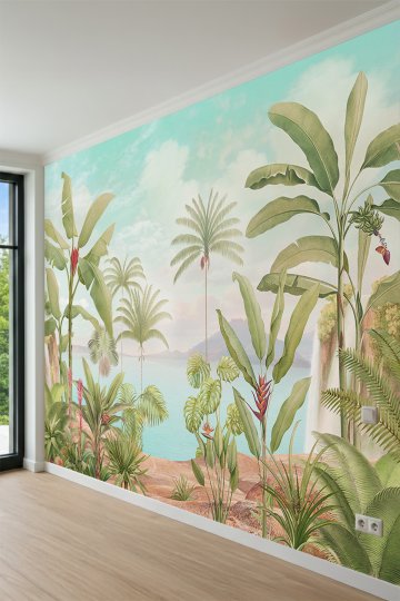 Dreamwall Tropikal Muz Ağaçları, Palmiyeler ve Deniz Manzaralı Tek Parça Tekstil Duvar Kağıdı küçük görsel 3