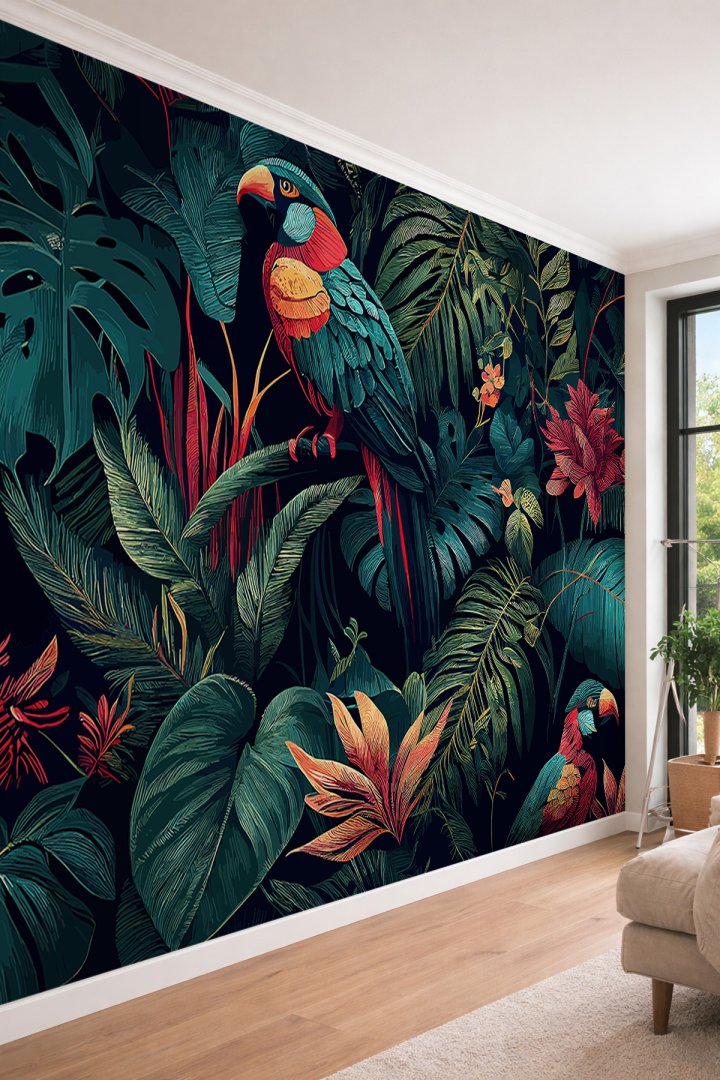 Dreamwall Tropikal Orman- Papağan ve Egzotik Yaprak Desenli Modern Tek Parça Tekstil Duvar Kağıdı