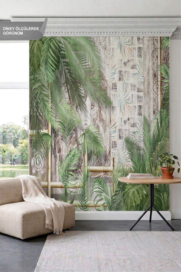 Dreamwall Tropikal Palmiye Yaprakları, Bambu Çitler ve Ahşap Desenli Tek Parça Tekstil Duvar Kağıdı