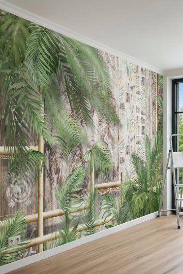 Dreamwall Tropikal Palmiye Yaprakları, Bambu Çitler ve Ahşap Desenli Tek Parça Tekstil Duvar Kağıdı küçük görsel 2