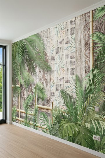 Dreamwall Tropikal Palmiye Yaprakları, Bambu Çitler ve Ahşap Desenli Tek Parça Tekstil Duvar Kağıdı küçük görsel 3