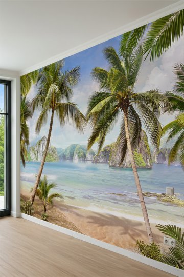 Dreamwall Tropikal Sahil, Palmiyeler ve Deniz Manzaralı Tek Parça Tekstil Duvar Kağıdı küçük görsel 3
