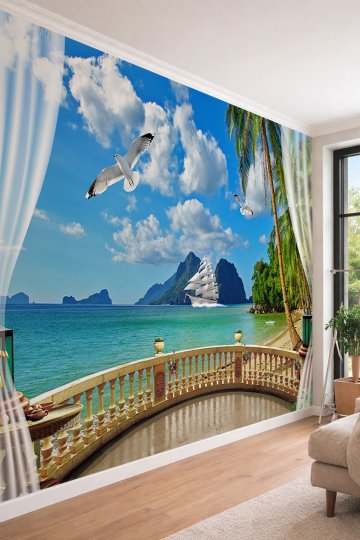 Dreamwall Tropikal Sahil ve Yelkenli Gemi Manzaralı Balkon Perspektifli Tekstil Duvar Kağıdı