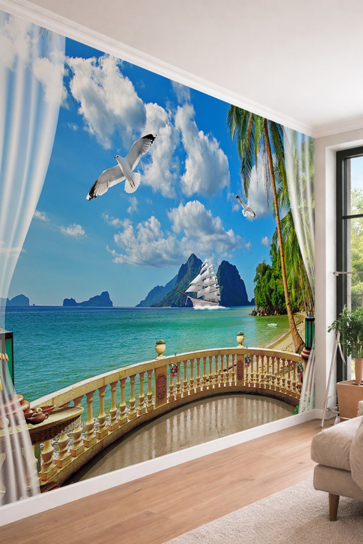 Dreamwall Tropikal Sahil ve Yelkenli Gemi Manzaralı Balkon Perspektifli Tekstil Duvar Kağıdı