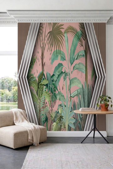 Dreamwall Tropikal Yapraklar ve Geometrik Çerçeve Desenli Tek Parça Tekstil Duvar Kağıdı küçük görsel 2