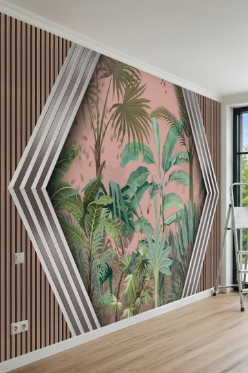 Dreamwall Tropikal Yapraklar ve Geometrik Çerçeve Desenli Tek Parça Tekstil Duvar Kağıdı küçük görsel 1