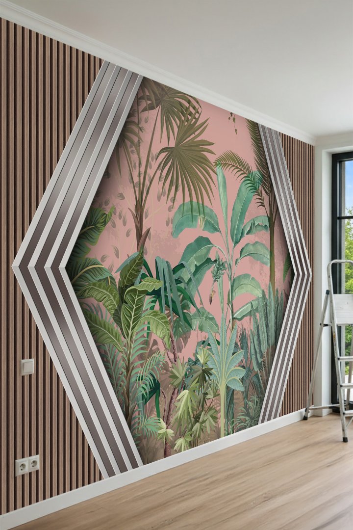 Dreamwall Tropikal Yapraklar ve Geometrik Çerçeve Desenli Tek Parça Tekstil Duvar Kağıdı