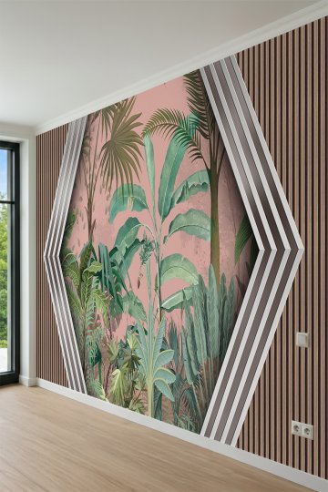 Dreamwall Tropikal Yapraklar ve Geometrik Çerçeve Desenli Tek Parça Tekstil Duvar Kağıdı küçük görsel 3