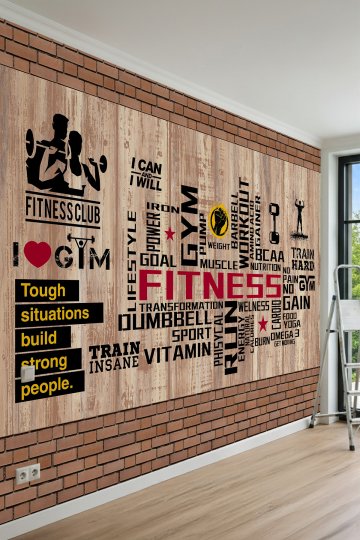 Dreamwall Tuğla Çerçeveli ve Ahşap Panelli Fitness Temalı Tek Parça Tekstil Duvar Kağıdı küçük görsel 1