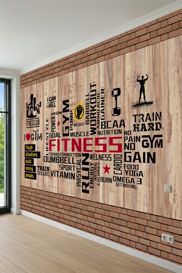 Dreamwall Tuğla Çerçeveli ve Ahşap Panelli Fitness Temalı Tek Parça Tekstil Duvar Kağıdı küçük görsel 3