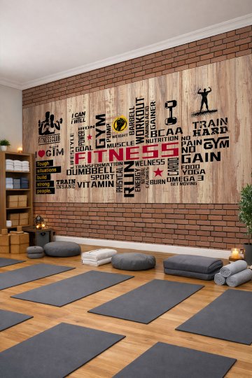 Dreamwall Tuğla Çerçeveli ve Ahşap Panelli Fitness Temalı Tek Parça Tekstil Duvar Kağıdı küçük görsel 4