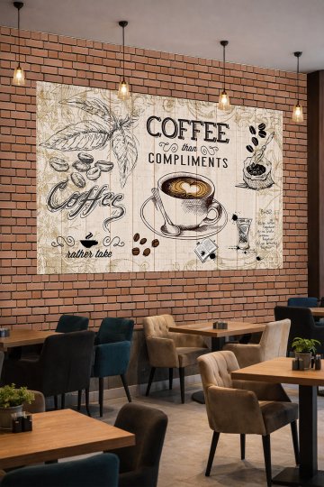 Dreamwall Tuğla Çerçeveli ve Kahve Temalı İllüstrasyon Desenli Tek Parça Tekstil Duvar Kağıdı