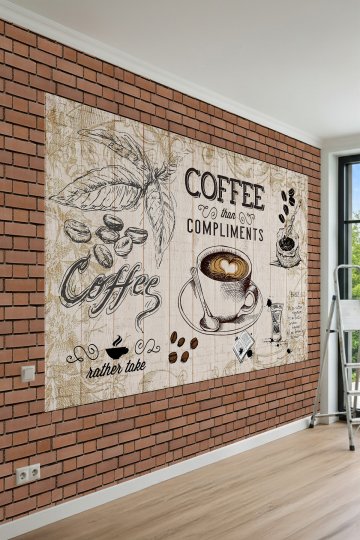 Dreamwall Tuğla Çerçeveli ve Kahve Temalı İllüstrasyon Desenli Tek Parça Tekstil Duvar Kağıdı küçük görsel 2