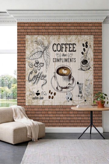 Dreamwall Tuğla Çerçeveli ve Kahve Temalı İllüstrasyon Desenli Tek Parça Tekstil Duvar Kağıdı küçük görsel 3