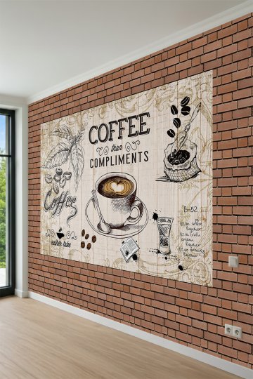 Dreamwall Tuğla Çerçeveli ve Kahve Temalı İllüstrasyon Desenli Tek Parça Tekstil Duvar Kağıdı küçük görsel 4