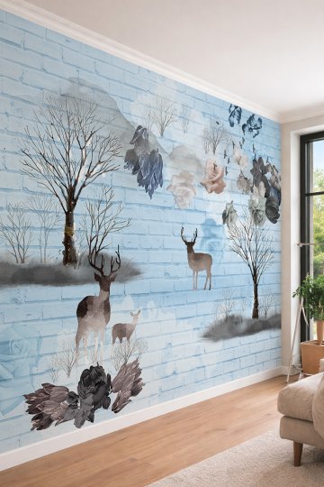 Dreamwall Tuğla Desenli Geyik ve Çiçek Temalı Sanatsal Tek Parça Tekstil Duvar Kağıdı