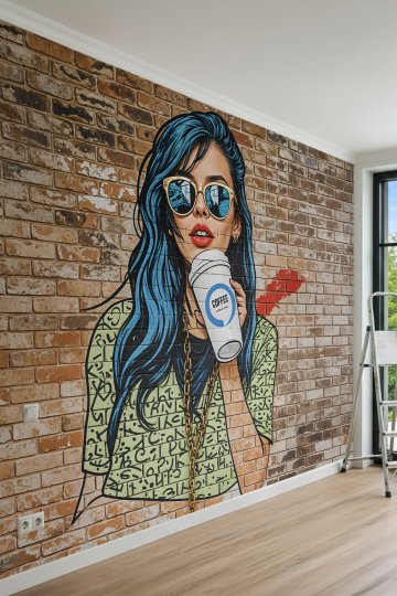 Dreamwall Tuğla Duvar Fonu Üzerinde Kahve İçen Kadın İllüstrasyonlu Tek Parça Tekstil Duvar Kağıdı