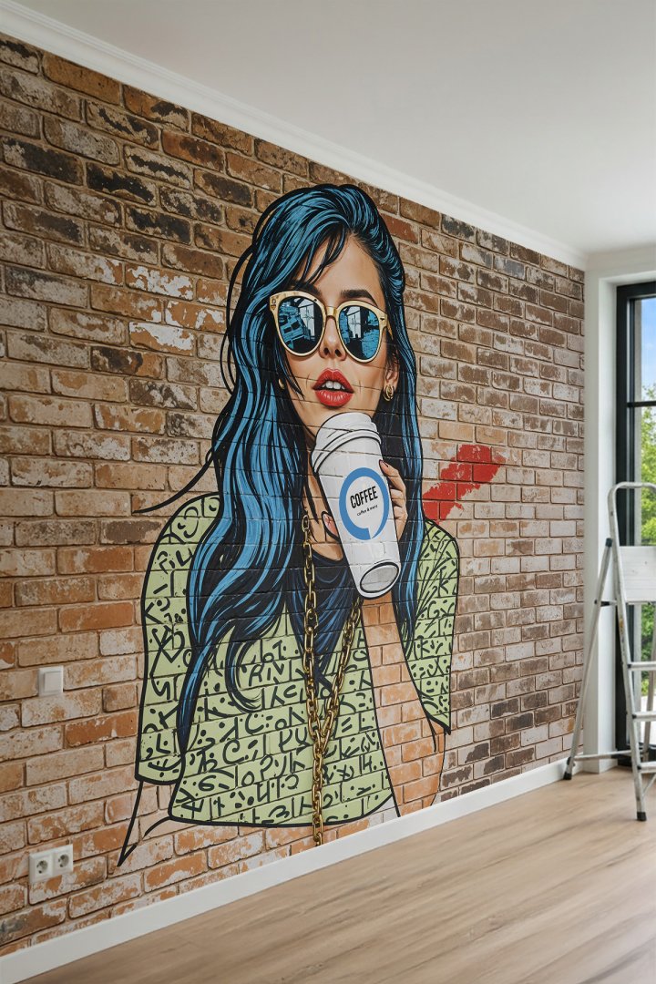 Dreamwall Tuğla Duvar Fonu Üzerinde Kahve İçen Kadın İllüstrasyonlu Tek Parça Tekstil Duvar Kağıdı