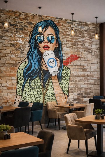 Dreamwall Tuğla Duvar Fonu Üzerinde Kahve İçen Kadın İllüstrasyonlu Tek Parça Tekstil Duvar Kağıdı küçük görsel 2