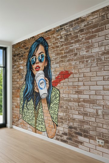 Dreamwall Tuğla Duvar Fonu Üzerinde Kahve İçen Kadın İllüstrasyonlu Tek Parça Tekstil Duvar Kağıdı küçük görsel 3