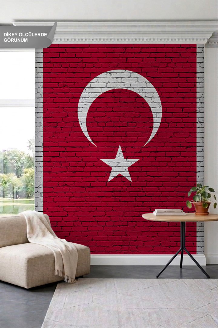 Dreamwall Tuğla Duvar Fonu Üzerinde Türk Bayrağı Motifli Tek Parça Tekstil Duvar Kağıdı