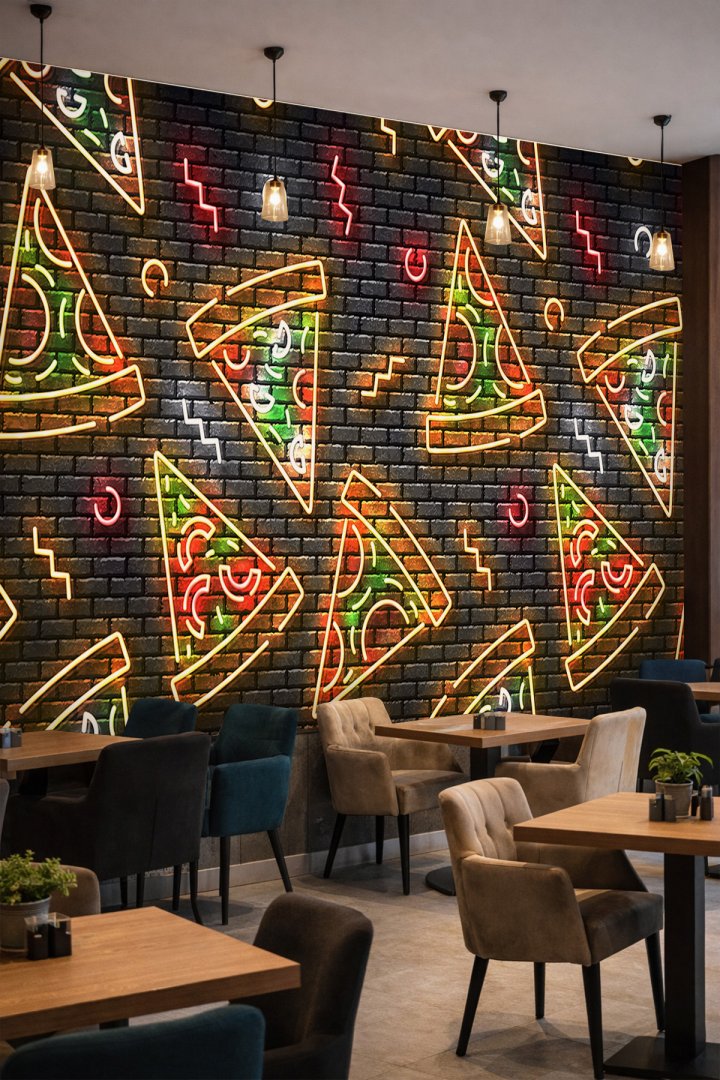 Dreamwall Tuğla Duvar Üzerine Neon Pizza Dilimi Desenli  Tekstil Duvar Kağıdı