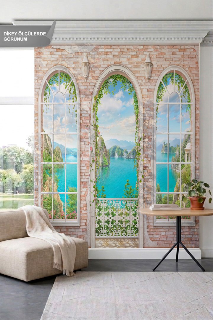 Dreamwall Tuğla Duvar ve Kemerli Pencerelerde Deniz Manzarası Tek Parça Tekstil Duvar Kağıdı