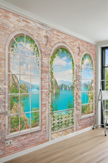 Dreamwall Tuğla Duvar ve Kemerli Pencerelerde Deniz Manzarası Tek Parça Tekstil Duvar Kağıdı küçük görsel 2