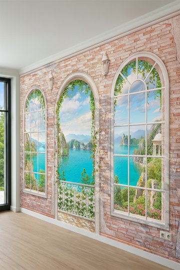 Dreamwall Tuğla Duvar ve Kemerli Pencerelerde Deniz Manzarası Tek Parça Tekstil Duvar Kağıdı küçük görsel 3