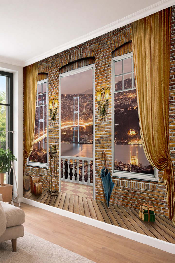 Dreamwall Tuğla Duvarlı İstanbul Boğazı Manzaralı 3D Teras Tekstil Duvar Kağıdı