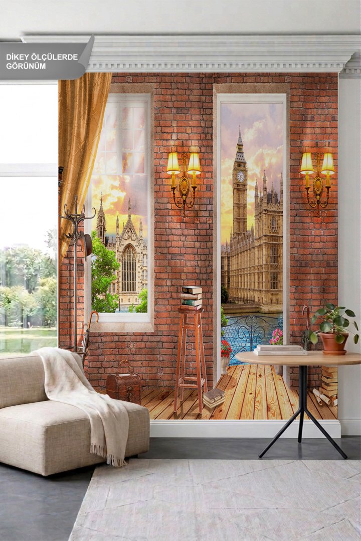 Dreamwall Tuğla Fonunda Londra Big Ben Manzaralı Pencereler ve Nostaljik Tek Parça Tekstil Duvar Kağ...