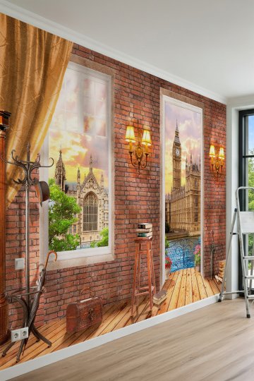 Dreamwall Tuğla Fonunda Londra Big Ben Manzaralı Pencereler ve Nostaljik Tek Parça Tekstil Duvar Kağıdı küçük görsel 2