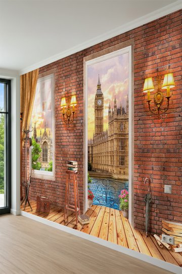 Dreamwall Tuğla Fonunda Londra Big Ben Manzaralı Pencereler ve Nostaljik Tek Parça Tekstil Duvar Kağıdı küçük görsel 3