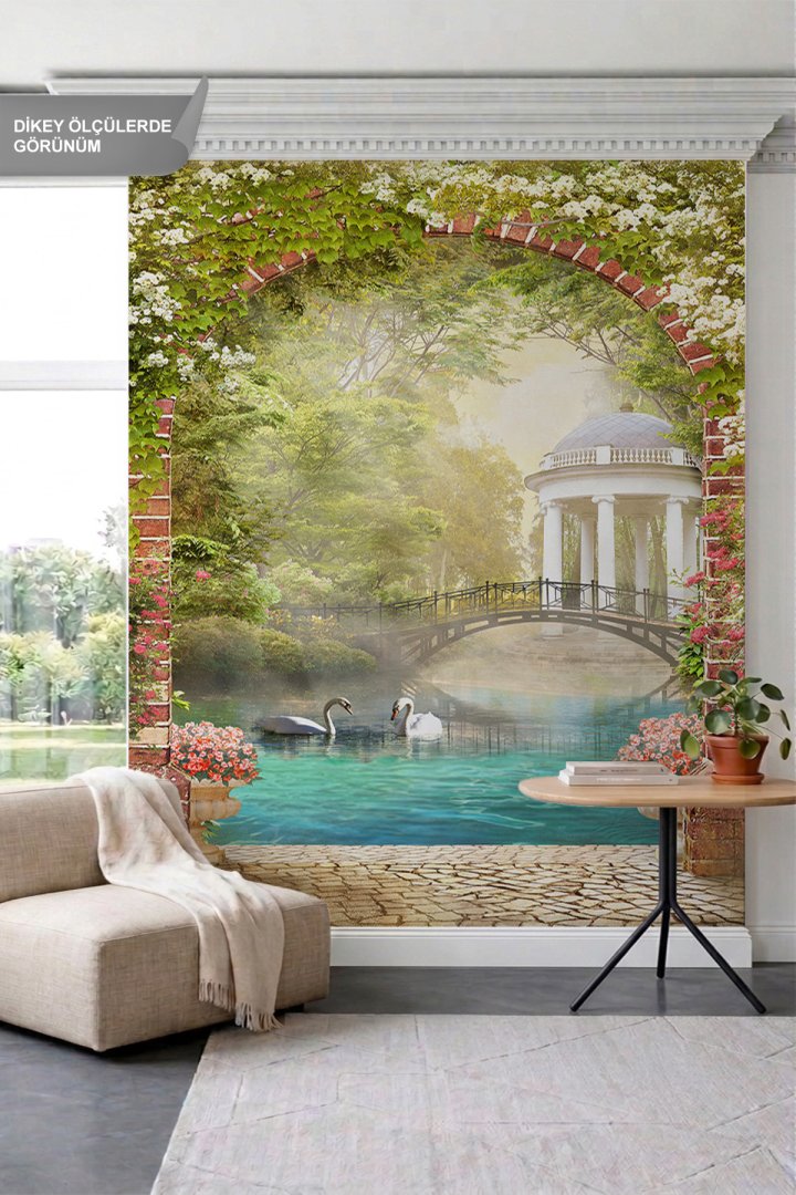 Dreamwall Tuğla Kemerli Geçit, Kuğulu Nehir, Köprü ve Çardak Manzaralı Tek Parça Tekstil Duvar Kağıd...
