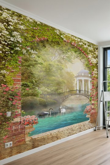 Dreamwall Tuğla Kemerli Geçit, Kuğulu Nehir, Köprü ve Çardak Manzaralı Tek Parça Tekstil Duvar Kağıdı küçük görsel 3