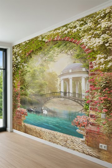 Dreamwall Tuğla Kemerli Geçit, Kuğulu Nehir, Köprü ve Çardak Manzaralı Tek Parça Tekstil Duvar Kağıd...