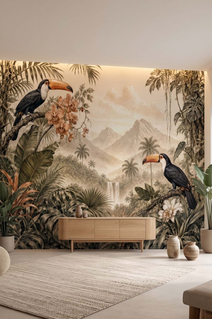 Dreamwall Tukan Kuşlu Tropikal Orman Desenli Tek Parça Tekstil Duvar Kağıdı 