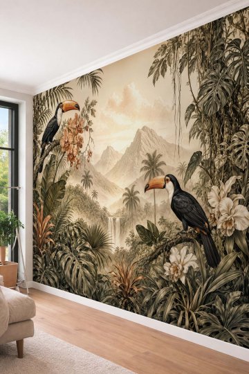 Dreamwall Tukan Kuşlu Tropikal Orman Desenli Tek Parça Tekstil Duvar Kağıdı  küçük görsel 2