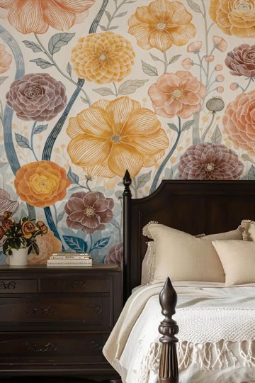 Dreamwall Turuncu, Kahverengi ve Sarı Çiçek Motifli Lüks Tek Parça Tekstil Duvar Kağıdı 