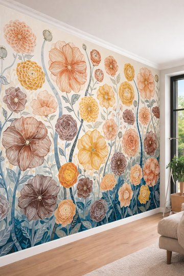 Dreamwall Turuncu, Kahverengi ve Sarı Çiçek Motifli Lüks Tek Parça Tekstil Duvar Kağıdı  küçük görsel 2